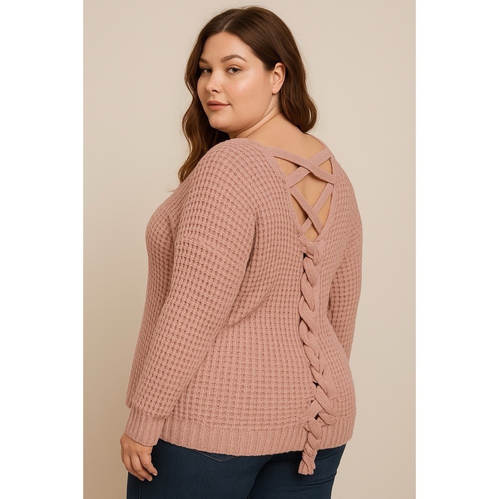 MORAL FIBER Women's 1X Pink Waffle Knit Sweater Lace Up Back Pullover Soft